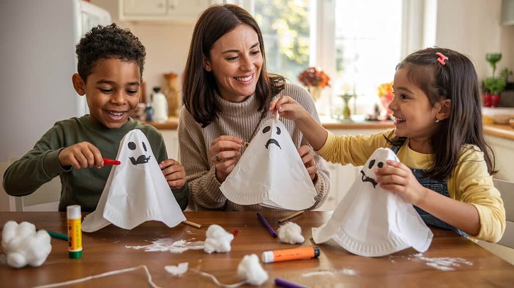 Colorful Halloween craft with kids and mother creating ghost decorations with Mamas Wallet materials.
