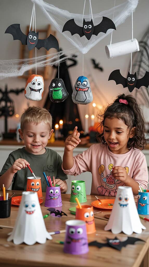 Colorful Halloween craft kids making spooky paper cup monsters and hanging bat decorations.
