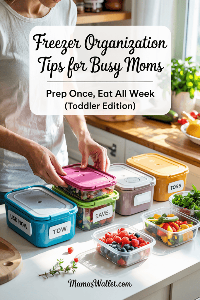 How To Spring Clean Your Freezer With Toddler Meal Prep (And Waste Less Food) 2 A person organizing colorful food containers on a kitchen counter. The containers are labeled with words like 'USE NOW,' 'SAVE,' and 'TOSS.' The text on the image reads 'Freezer Organization Tips for Busy Moms: Prep Once, Eat All Week (Toddler Edition).' The website 'MamasWallet.com' is also visible.