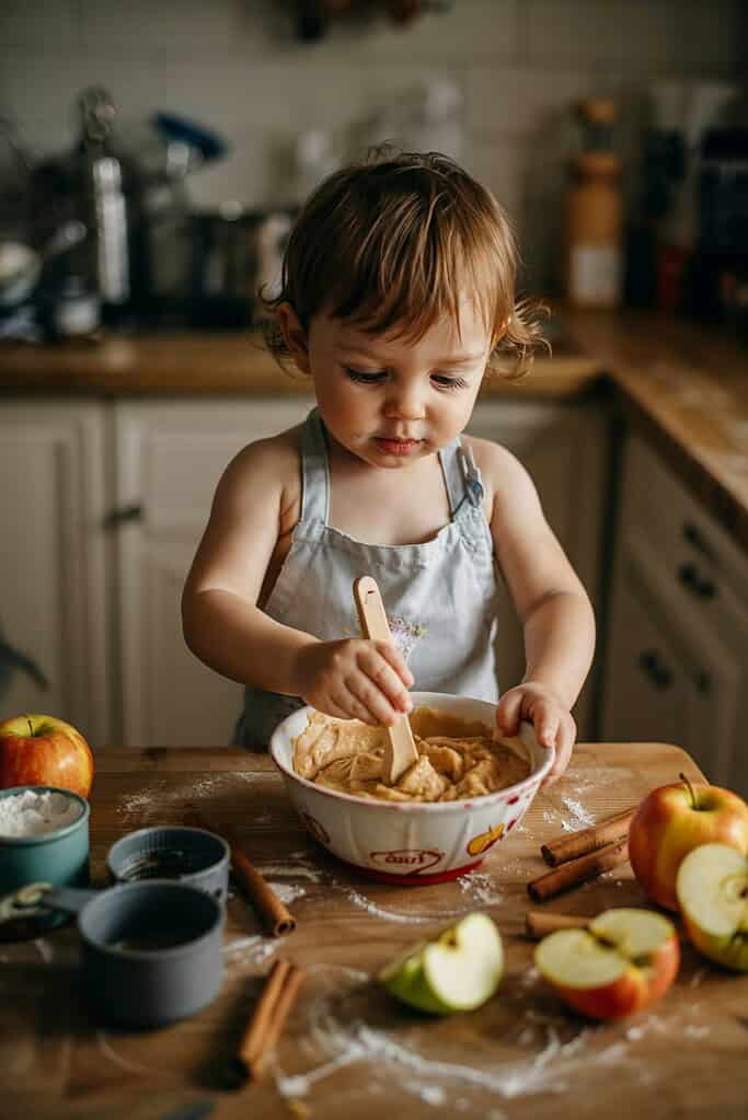Child baking with apple, mixing dough in bowl, kitchen countertop, family cooking, toddler activity, cooking fun, food prep, baking with kids, home kitchen, healthy family meal.