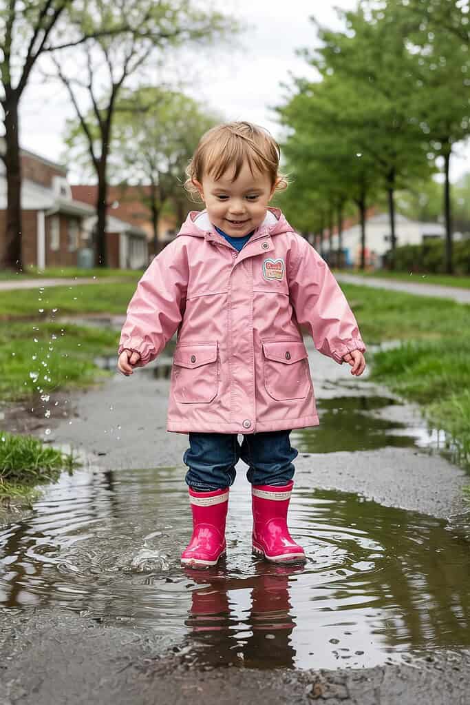 Cute toddler girl playing in puddles with pink rain boots and a pink jacket outdoors.