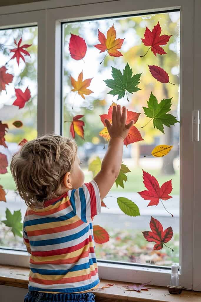 Child creating window art by pressing colorful autumn leaves onto a soapy window surface.