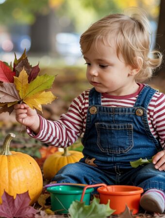 A smiling toddler holding colorful autumn leaves collected during an outdoor adventure.