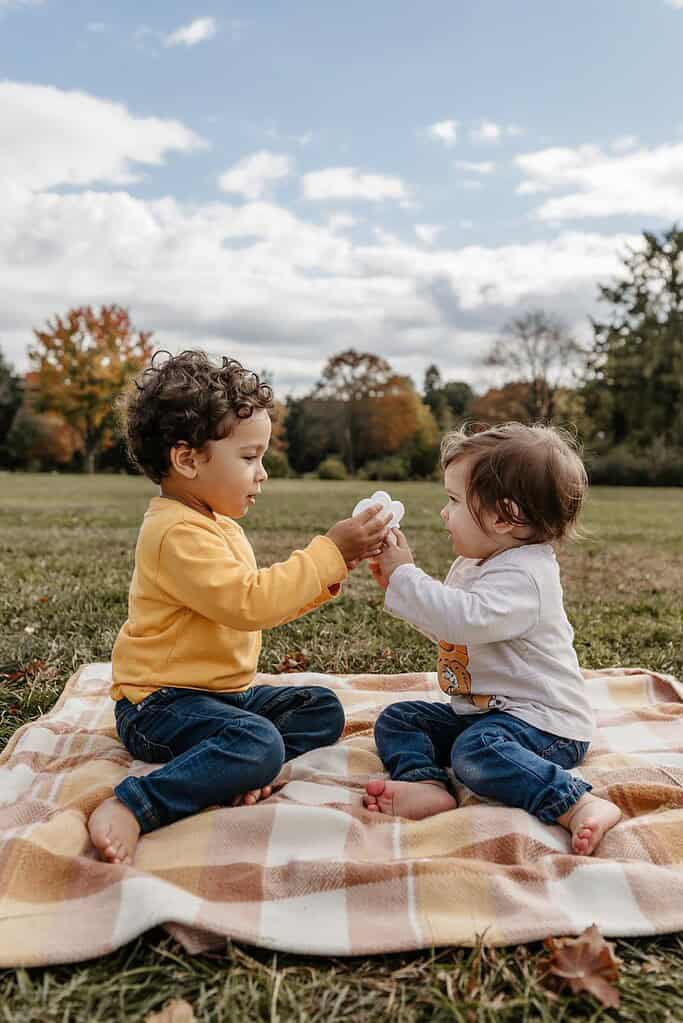 Two children playing with a toy outdoors on a picnic blanket in a park.