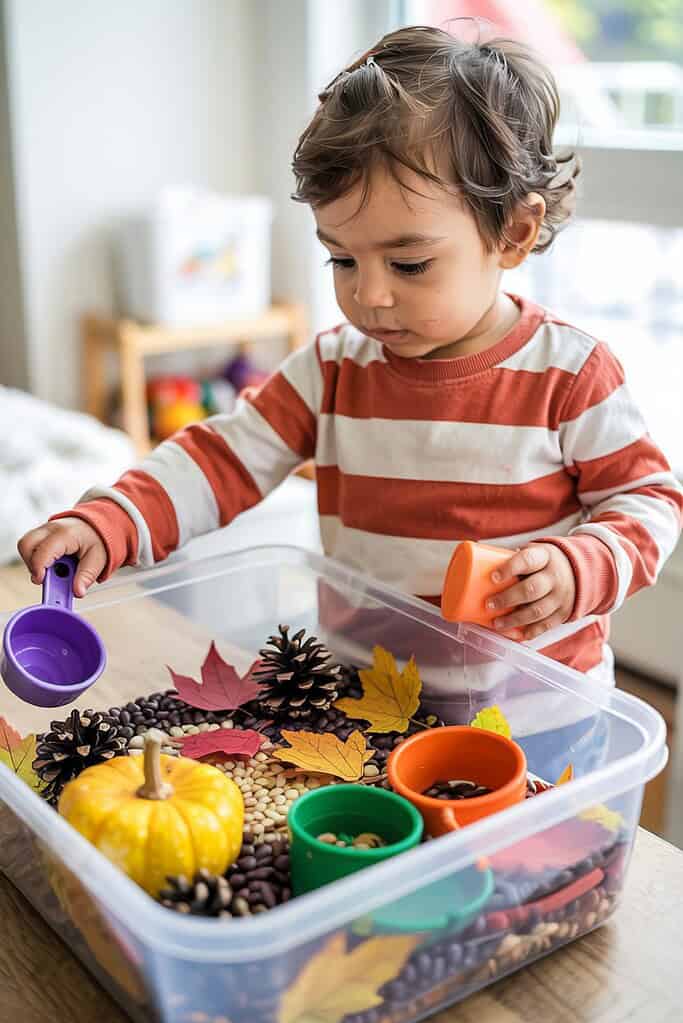 Colorful autumn-themed sensory play for children with pumpkins and leaves.