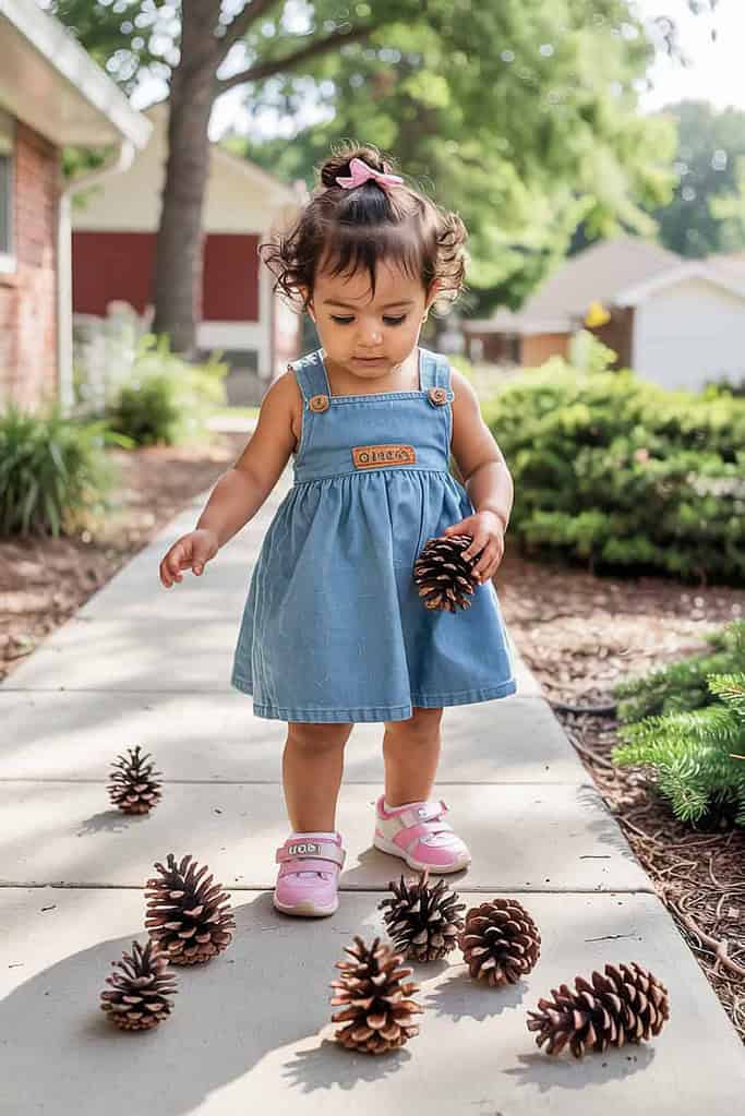 Adorable toddler girl in denim dress exploring pinecones outdoors.