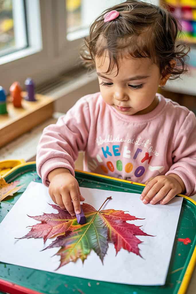 Colorful child engaging in fall leaf art activity at home or classroom.