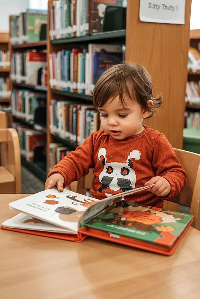 Colorful child reading a picture book in a library, young kid engaging with books.