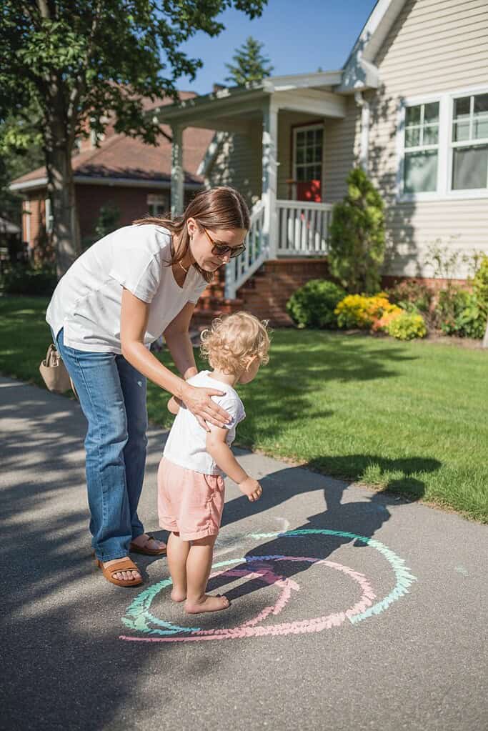 Child tracing shadows with sidewalk chalk on a sunny fall afternoon.