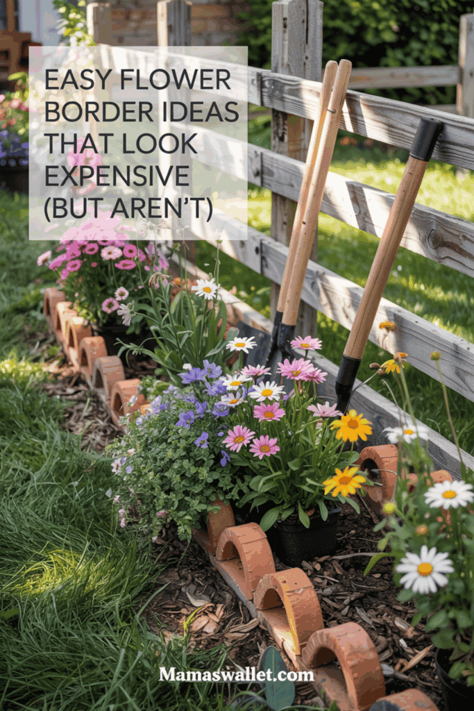 A row of flower pots with various colorful flowers along a rustic fence, demonstrating affordable yet elegant border ideas. Text overlay: 'EASY FLOWER BORDER IDEAS THAT LOOK EXPENSIVE (BUT AREN'T)'.