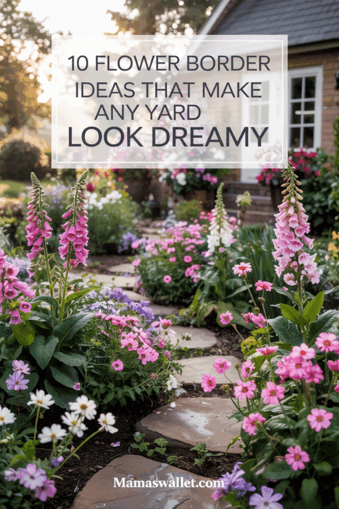 A dreamy garden path lined with diverse flowers, creating a picturesque and inviting atmosphere. Text overlay: '10 FLOWER BORDER IDEAS THAT MAKE ANY YARD LOOK DREAMY'.