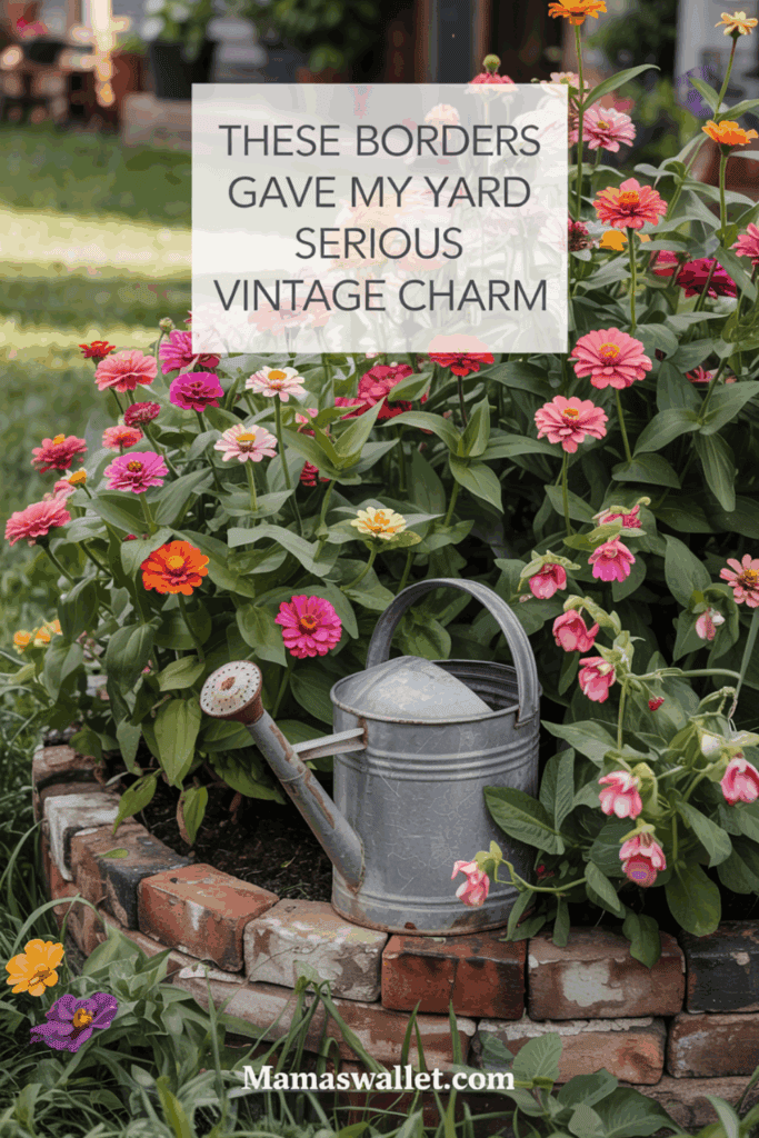 A garden bed with vibrant zinnias surrounded by a vintage brick border, featuring a rustic watering can, adding a charming vintage appeal. Text overlay: 'THESE BORDERS GAVE MY YARD SERIOUS VINTAGE CHARM'.