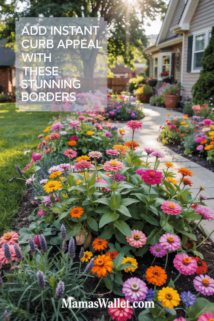 A colorful flower border lining a garden path, enhancing curb appeal with vibrant flowers under a sunny sky. Text overlay: 'ADD INSTANT CURB APPEAL WITH THESE STUNNING BORDERS'."