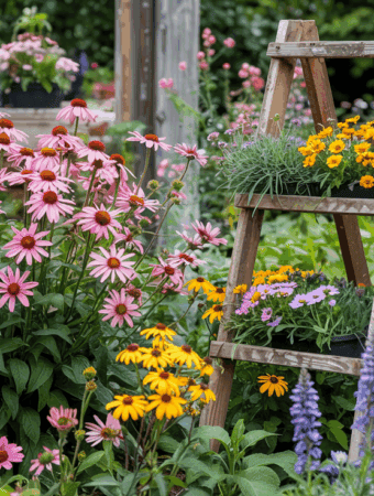 a ladder with flowers in it