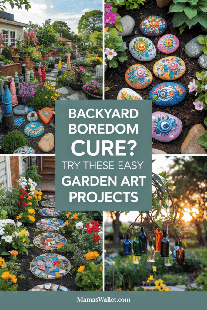 10 Easy Diy Garden Art Ideas That Add Personality To Your Outdoor Space 3 Collage showcasing creative garden art projects to cure backyard boredom. Features colorful painted rocks with intricate designs, a vibrant garden path made from mosaic stepping stones, and a whimsical display of hanging glass bottles. Surrounded by lush plants and flowers, these DIY projects add charm and personality to any garden. Text overlay reads 'Backyard Boredom Cure? Try These Easy Garden Art Projects.' Image from MamasWallet.com.