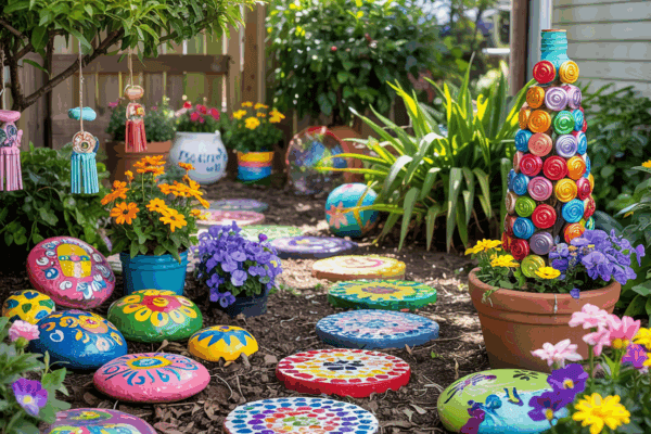 A vibrant garden bursting with DIY creativity and charm. Features painted stepping stones with intricate designs, colorful flower pots, and a unique spiral sculpture made from repurposed materials. Hanging ornaments dangle from branches, adding whimsy to the lush greenery and blooming flowers. The scene is a testament to how ordinary items can transform a backyard into an artistic haven.