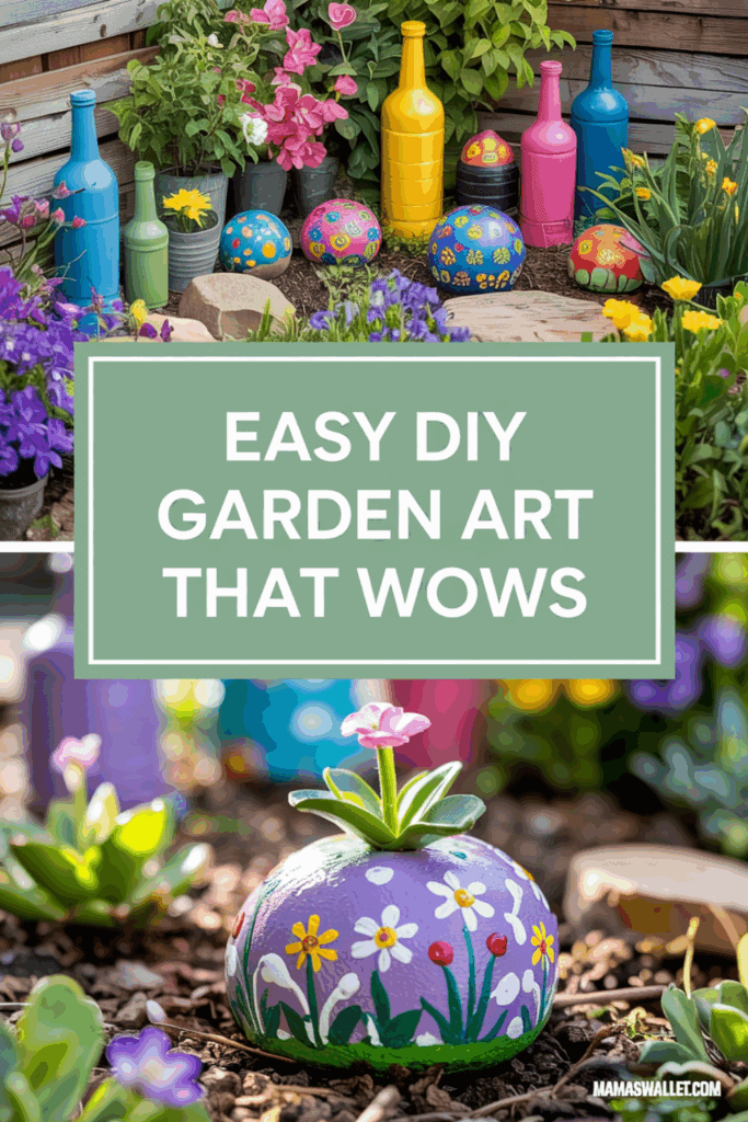 10 Easy Diy Garden Art Ideas That Add Personality To Your Outdoor Space 1 Colorful DIY garden art featuring painted bottles and rocks with vibrant designs placed among lush greenery and flowers. The foreground showcases a purple-painted rock adorned with floral patterns and topped with a small pink flower. Text overlay reads 'Easy DIY Garden Art That Wows.' Image from mamaswallet.com.