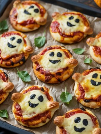 Unbaked ghost-shaped pizza snacks topped with tomato sauce, cheese, and olive eyes on parchment paper.