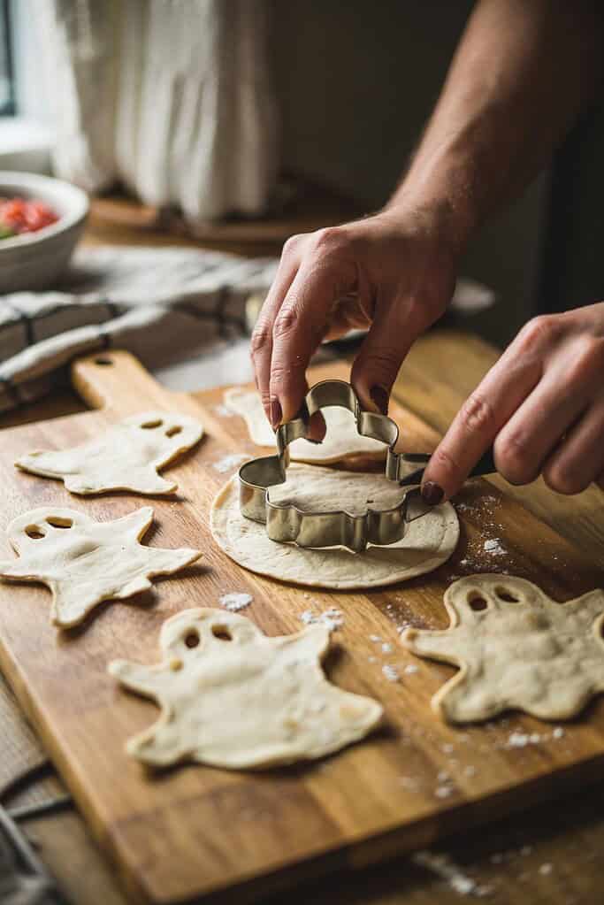 Hands using a ghost-shaped cookie cutter on dough with ghost cutouts on a wooden board.