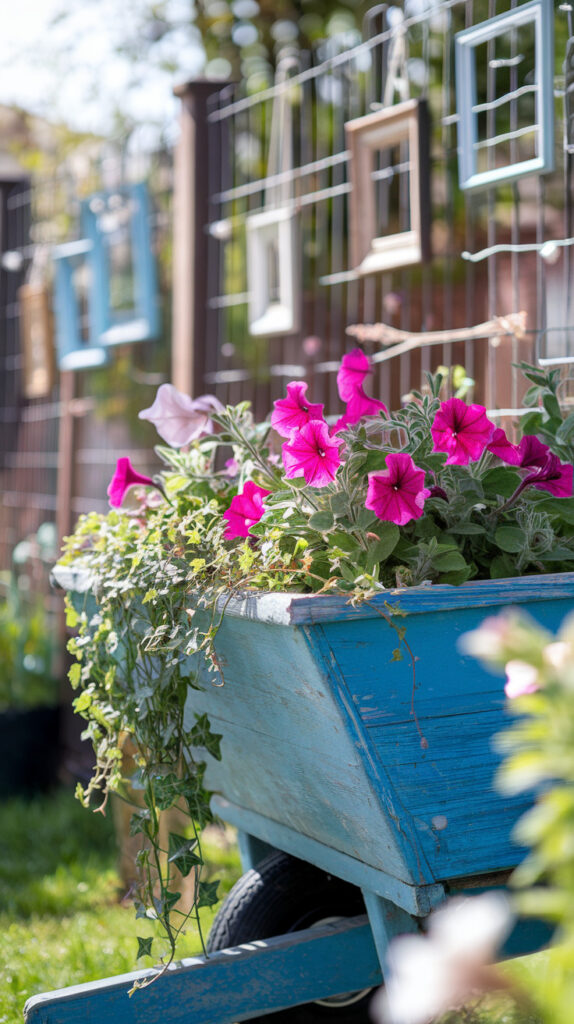 Vibrant pink and white petunias in a rustic blue wheelbarrow outdoors.