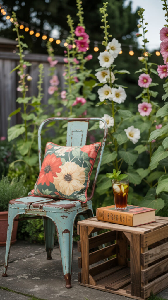 Outdoor garden with vintage chair, floral pillow, and a drink on a wooden crate.