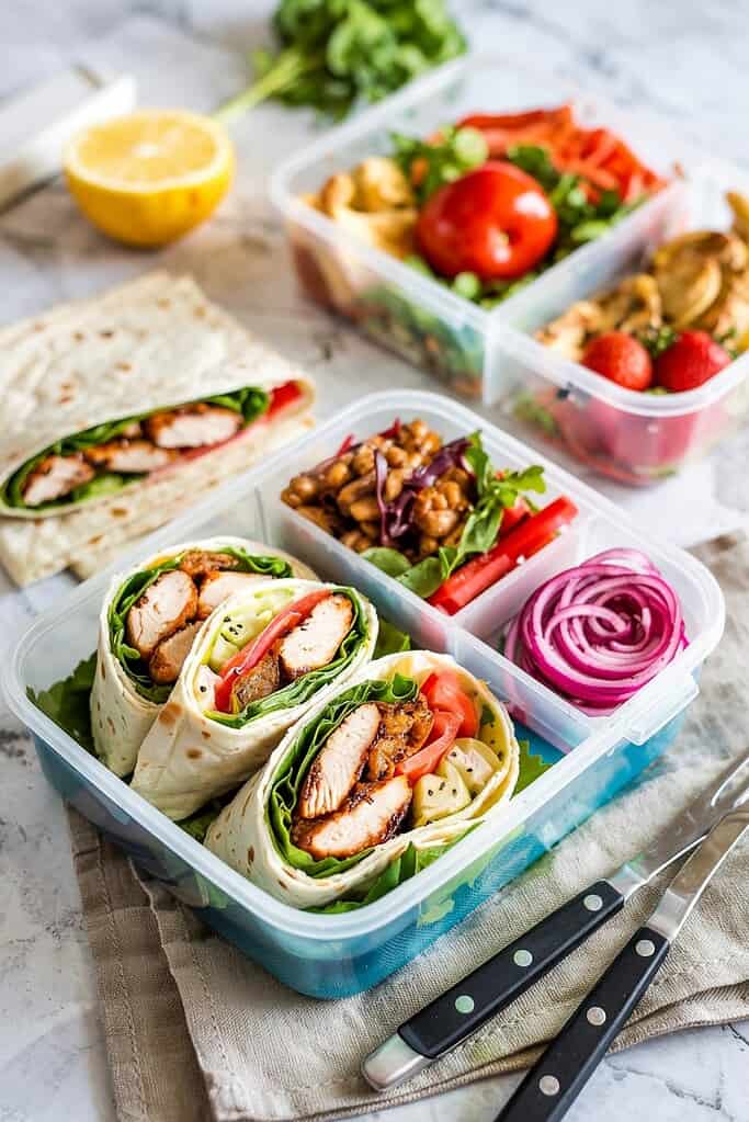 Freshly packed lunch containers with healthy food options for busy moms and meal prep.