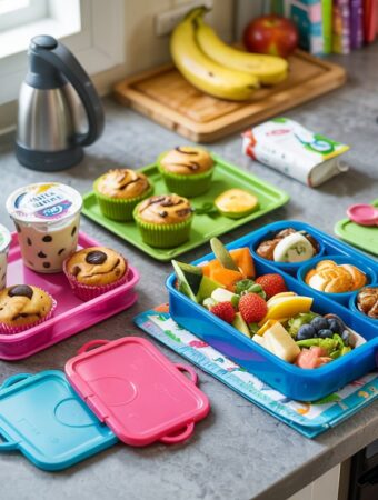 Colorful lunch containers with healthy snacks, fruits, and muffins arranged on a kitchen counter with small potted plants.