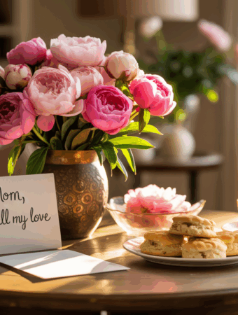 A cozy living room setting with a bouquet of pink peonies in a vase on a wooden table. Next to the flowers is a handwritten card that reads 'To Mom, with all my love.' A steaming cup of tea and a plate of scones complete the warm and inviting scene