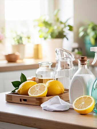 A bright kitchen countertop featuring homemade natural cleaning supplies. In the foreground, there's a wooden tray with fresh lemons (one cut in half), alongside glass spray bottles containing clear and blue solutions. Small glass jars, white cloths, and green plant sprigs are arranged nearby. The background shows a sunny kitchen window with potted herbs and houseplants, white cabinets, and hanging utensils, creating a clean, eco-friendly home cleaning setup.