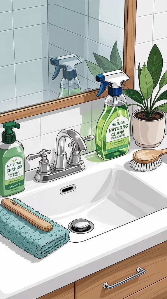 An illustrated bathroom sink with chrome faucet featuring two green bottles of natural cleaning products labeled Natural Spring and Natural Cleaning. A scrub brush with wooden handle sits on the white countertop alongside a folded teal cloth. A small houseplant in a white pot adds a touch of greenery next to the mirror, which reflects the cleaning spray bottle.