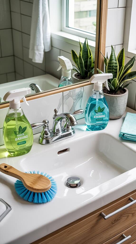 A clean white bathroom sink with chrome fixtures featuring two spray bottles of plant-based cleaning products - one green labeled Bashing and one blue labeled Cleaning. A wooden dish brush with blue bristles sits near the sink, with a folded teal cleaning cloth nearby. A snake plant in a white pot decorates the counter, and natural light enters through a window with white tile backsplash.