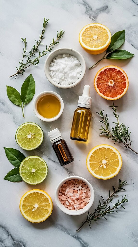 Overhead view of natural cleaning ingredients arranged on a white marble surface. The composition includes halved citrus fruits (yellow lemons, lime, orange, and blood orange), fresh herb sprigs (rosemary and bay leaves), small white bowls containing white salt/baking soda and pink Himalayan salt, and two essential oil bottles (one amber, one larger amber dropper bottle). A small dish of what appears to be oil completes this collection of natural cleaning components.