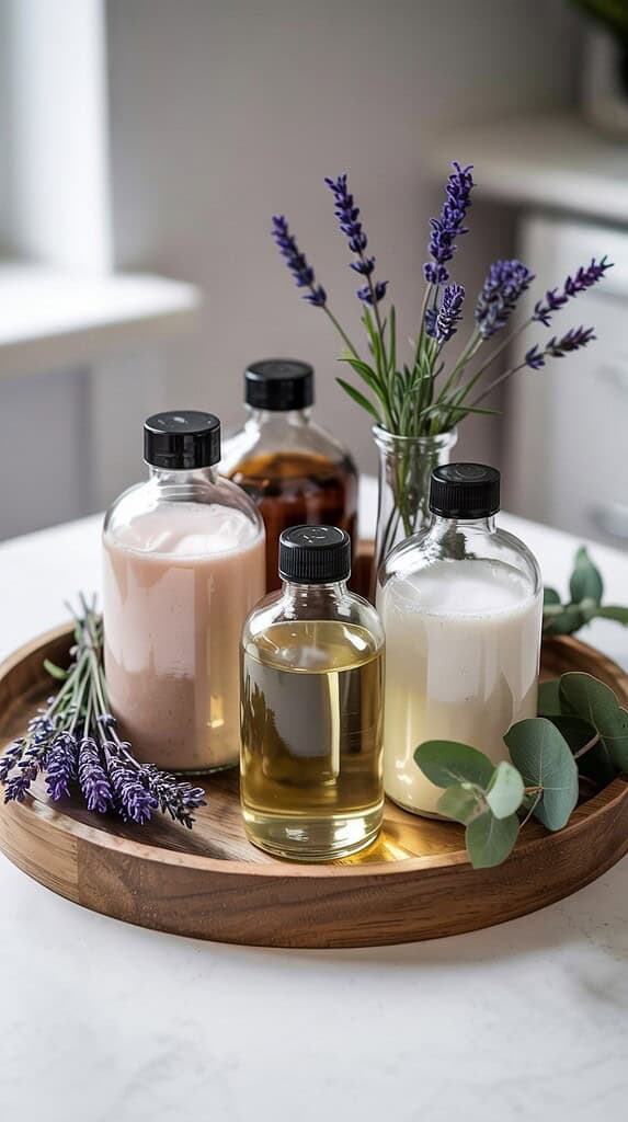 A wooden round tray displaying four glass bottles with black caps containing various homemade cleaning solutions - one milky white, one amber/brown, one clear yellow, and one creamy beige. Fresh lavender sprigs stand in a small glass vase, with additional lavender stems and eucalyptus leaves arranged decoratively on the tray. The setup sits on a white cloth surface, showcasing natural, DIY household products in a bright, clean setting.