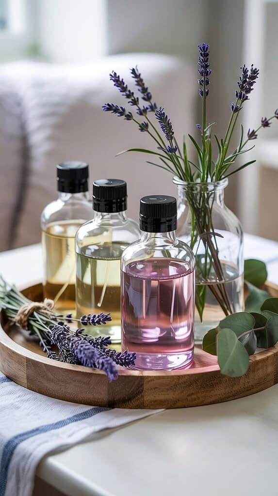 A wooden round tray displaying three glass bottles with black caps containing different colored essential oils or fragrances - one pink/purple, one clear, and one amber. Fresh lavender sprigs are arranged in a small glass vase, with additional lavender stems and eucalyptus leaves decoratively placed on the tray. The setup sits on a light-colored surface in what appears to be a serene home environment with soft, blurred background.