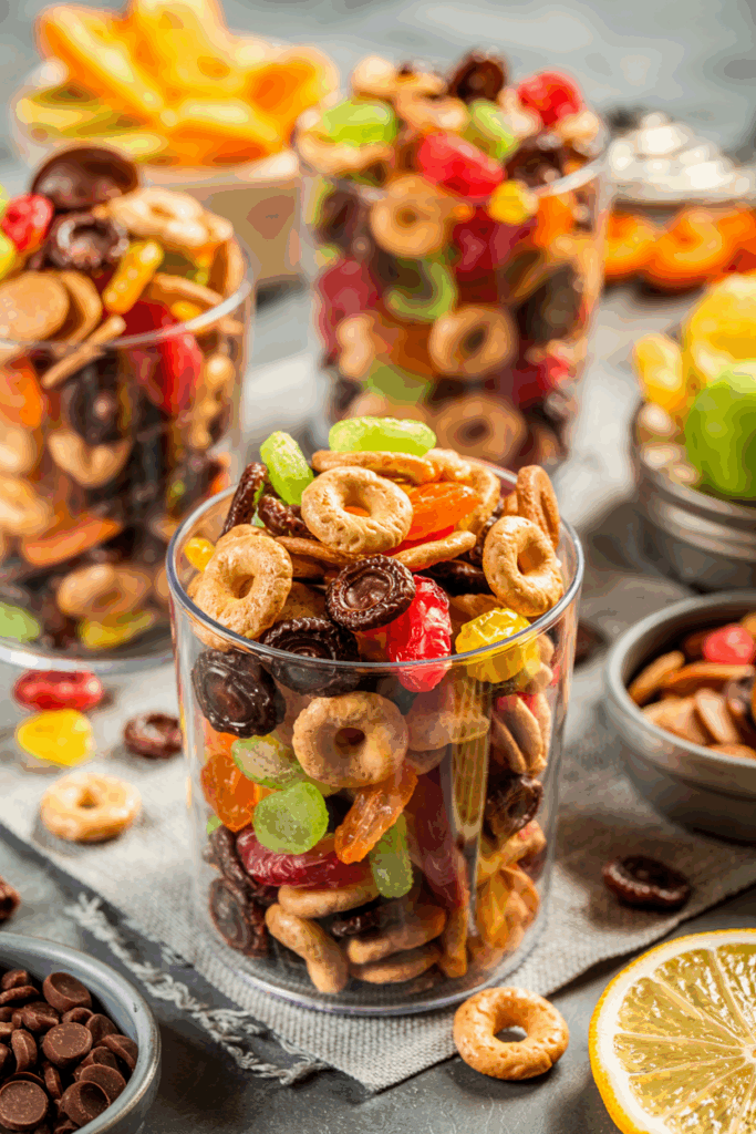 a group of glasses filled with different kinds of cereal trail mix.