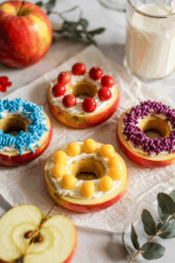 a group of donuts with frosting and sprinkles