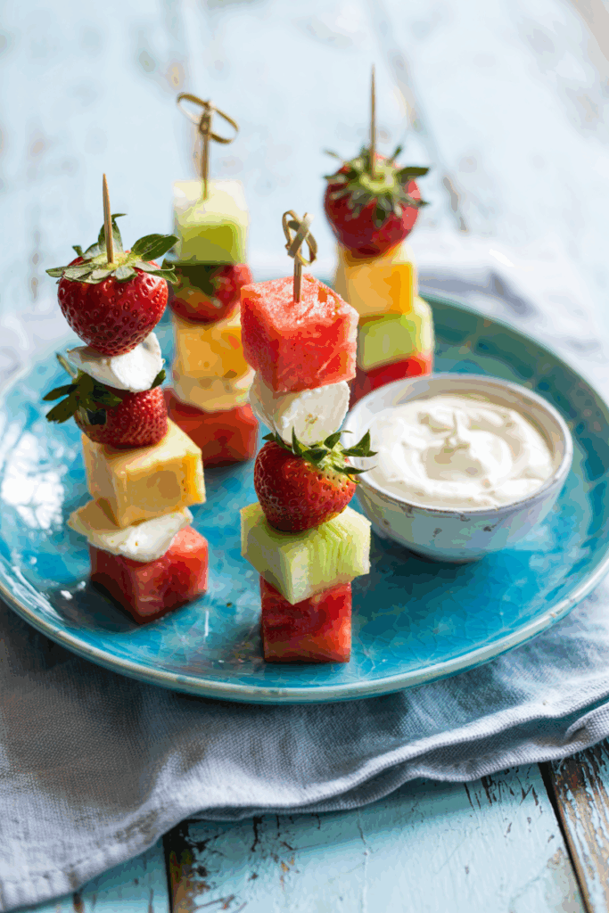 a plate of fruit skewers