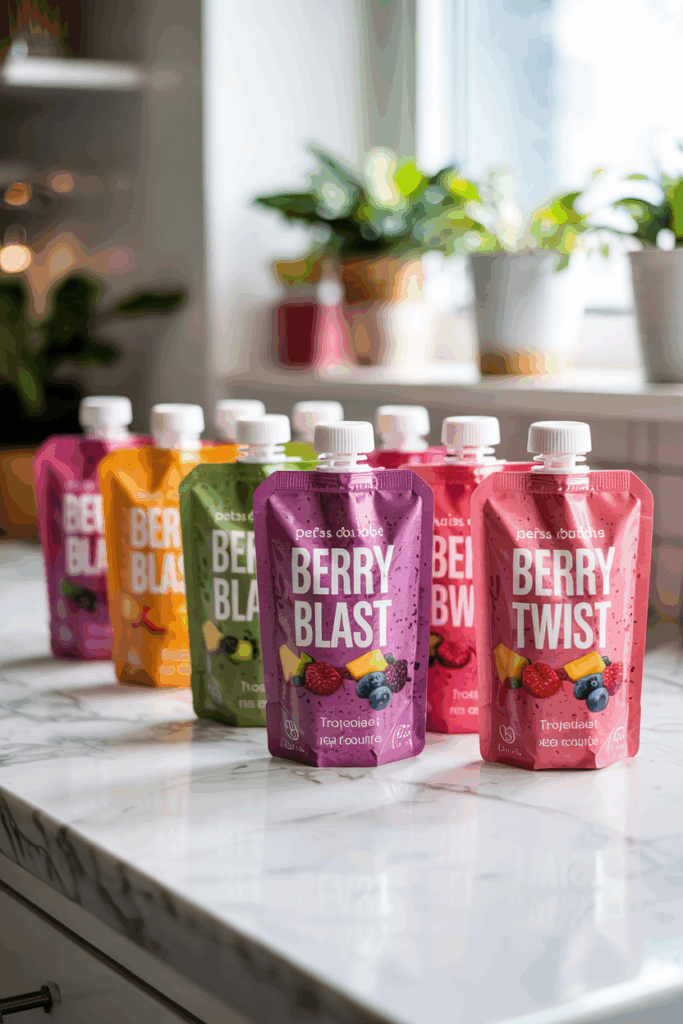 a group of smoothie juices on a counter