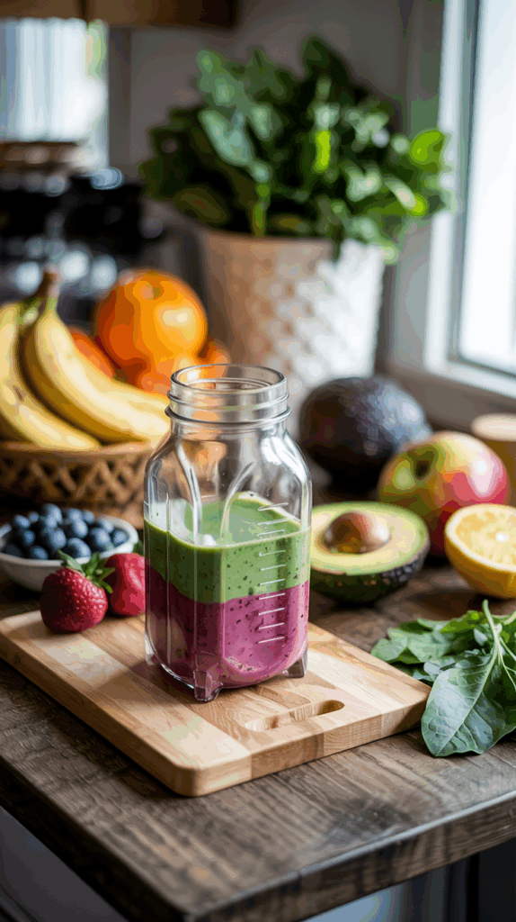 a blender filled with different colored smoothies