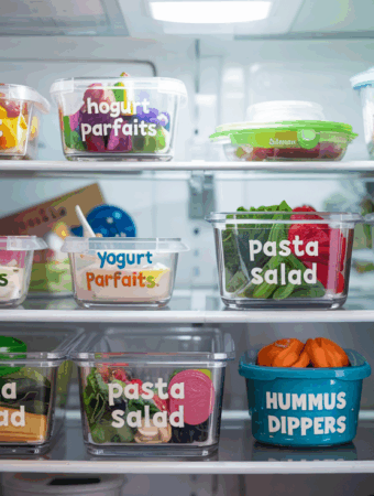 The image shows an organized fridge for no-cook toddler meal prep, with clear containers labeled for items like "fruit," "yogurt parfaits," "hummus dippers," and "pasta salad." It highlights a colorful, healthy, and convenient setup.