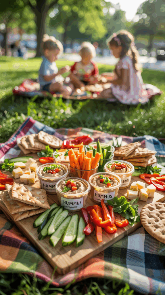 The image shows a colorful picnic setup on a grassy field. In the foreground, there is a wooden board filled with a variety of healthy snacks. The board includes containers of hummus topped with garnishes, sliced cucumbers, carrot sticks, red and orange bell pepper slices, cubes of cheese, flatbread crackers, and pita bread. The food is neatly arranged and vibrant, sitting on a plaid picnic blanket. In the background, slightly blurred, three children are sitting on another blanket, enjoying the picnic under the shade of trees on a sunny day. The scene exudes a cheerful and relaxed outdoor vibe.