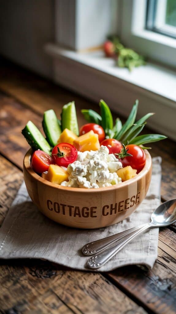 This image shows a wooden bowl labeled "COTTAGE CHEESE," filled with a colorful and nutritious assortment of fresh vegetables and fruits, including cucumbers, cherry tomatoes, yellow fruits (possibly mango or pineapple), and green beans. At the center is a generous serving of cottage cheese. The bowl is placed on a cloth napkin on a rustic wooden table, with two silver spoons beside it. The setup presents a healthy, no-cook meal option perfect for a snack or toddler-friendly preparation.