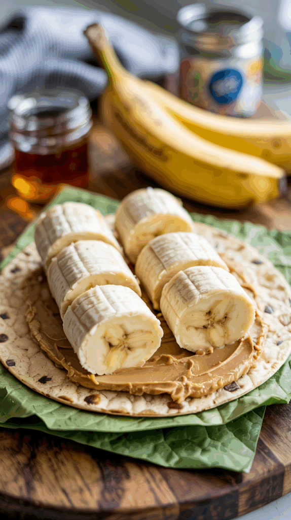 A tortilla spread with peanut butter topped with whole bananas, set on a wooden board with honey and additional bananas in the background, ideal for a quick, no-cook snack.