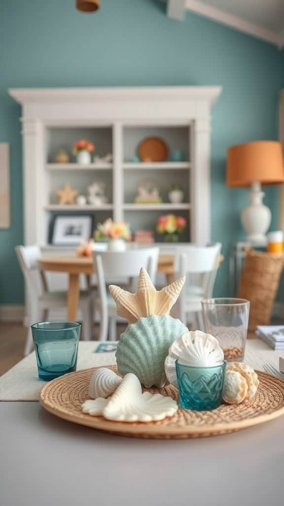 Beautiful seashell centerpiece with starfish and coral accents.
