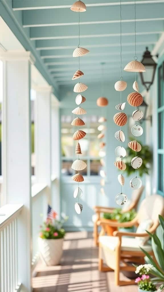 Beautiful seashell wind chimes hanging on porch with blue ceiling and sunlight.
