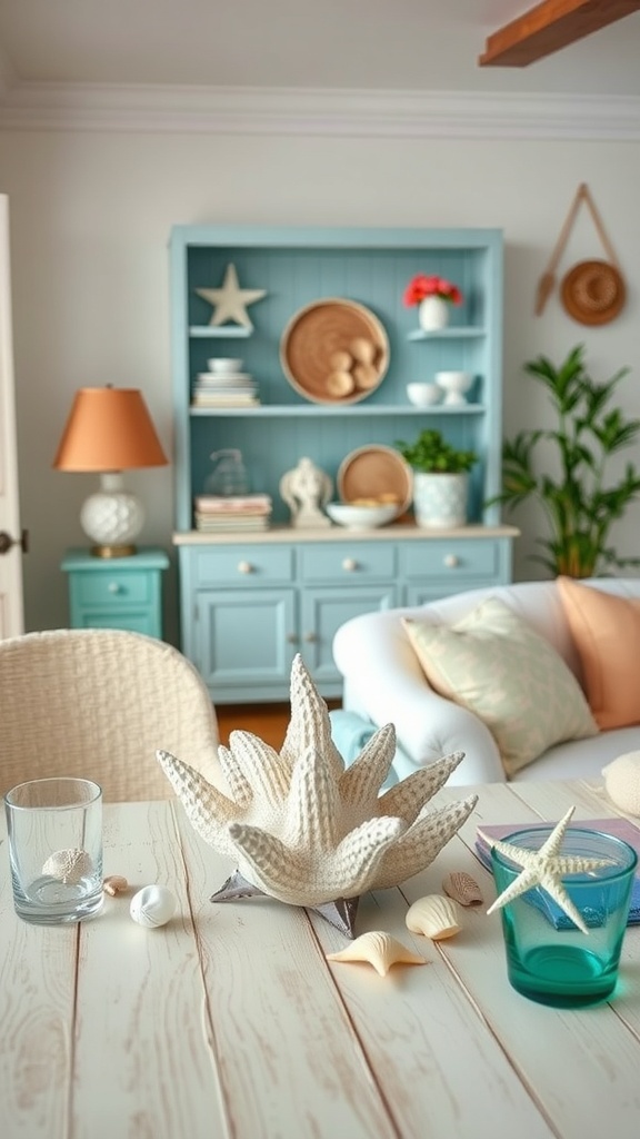 A cozy living space featuring seashell centerpiece ideas on a table, with coastal decor elements in the background.