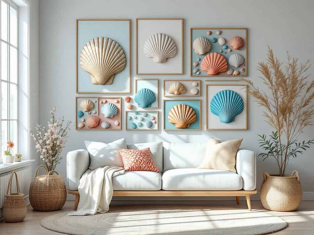Beautiful seashell wall art display in a modern coastal living room.