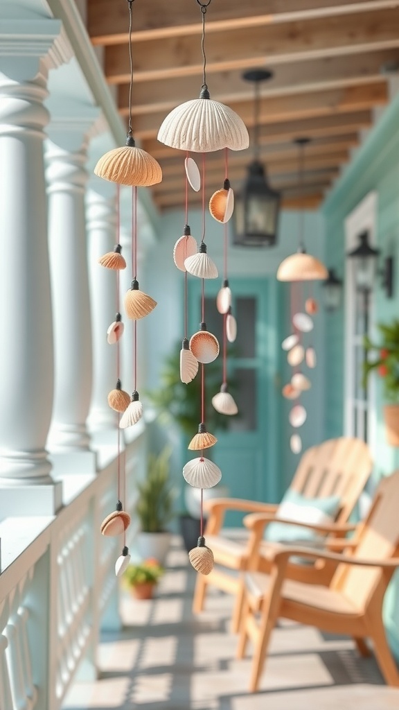 Beautiful seashell wind chimes hanging on porch, perfect for beach-themed outdoor space.
