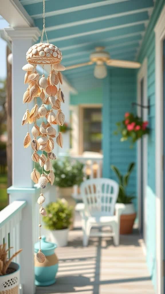 Beautiful seashell wind chime hanging on porch for beachy outdoor space.