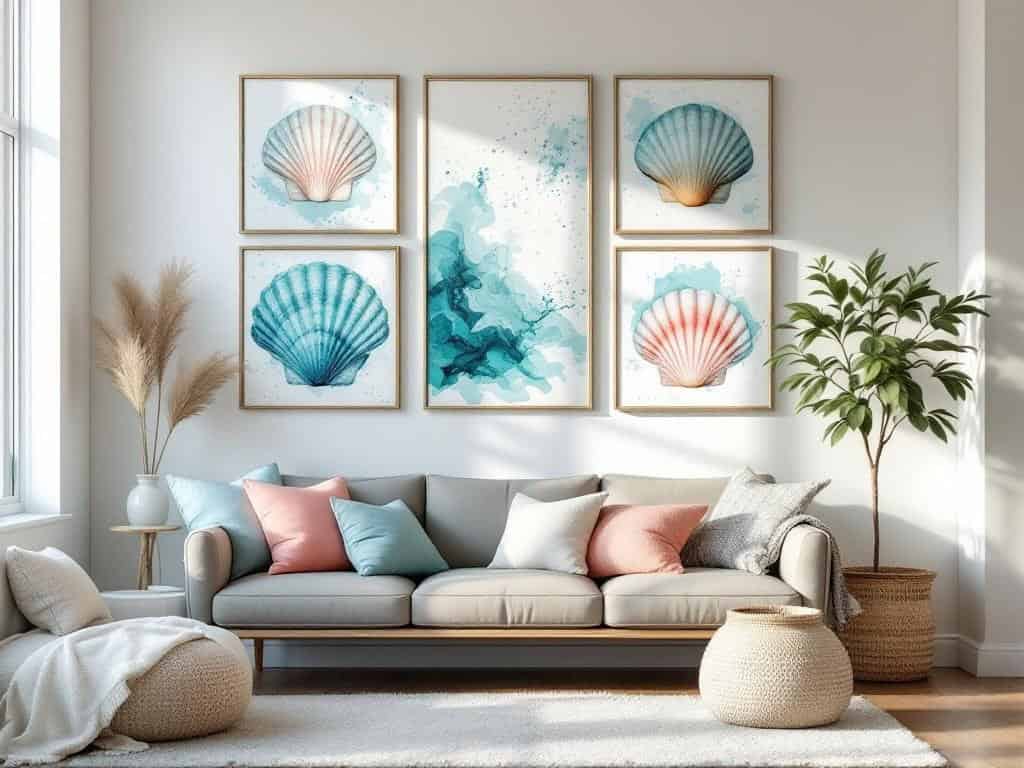 Beautiful seashell wall art with blue and pink accents in a modern living room.
